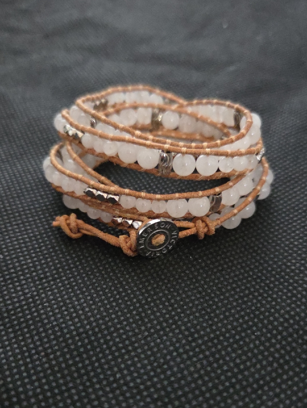 Victoria Emerson 5 Wrap White Bead Wrap Bracelet w Tan Cord and Silver Accents